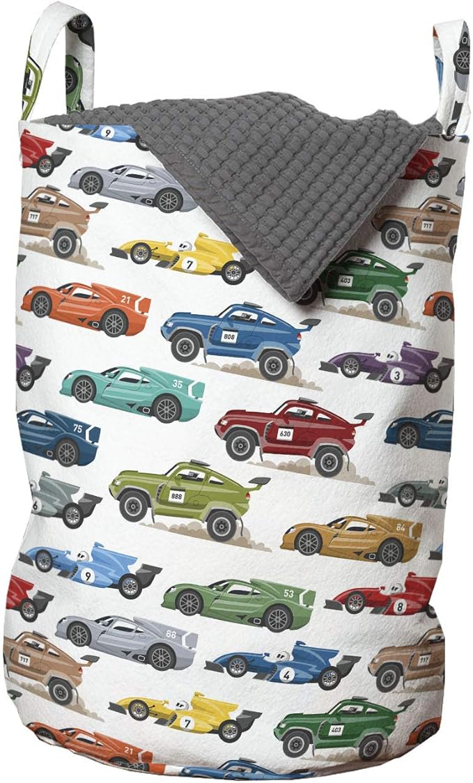 Ambesonne Race Car Laundry Bag, Diagonally Arranged Colorful Various Vehicles Speeding Uphill on a Plain Backdrop, Hamper Basket with Handles Drawstring Closure for Laundromats, 13" x 19", Green Red