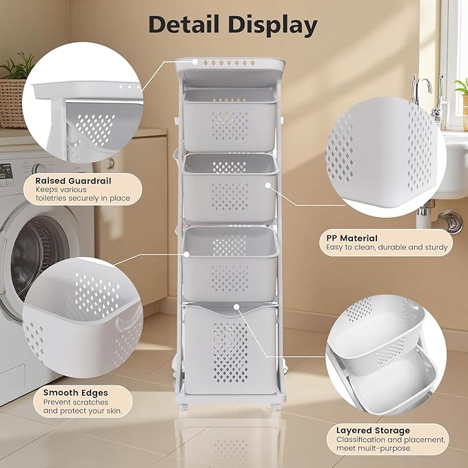 4-Tier Laundry Hamper Sorter & X-Large Foldable Laundry Hamper, Vertical Rolling Laundry Baskets with Wheels, Stackable Laundry Cart Organizer and Storage for Small Space, Closet, Bathroom