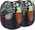 2 Pcs Strong Mesh Pop-up Laundry Hamper, Quality Pop Up Hampers for Laundry with Durable Handles Solid Bottom High Carbon Steel Frame, Easy to Open and Fold Flat for Storage(Black)