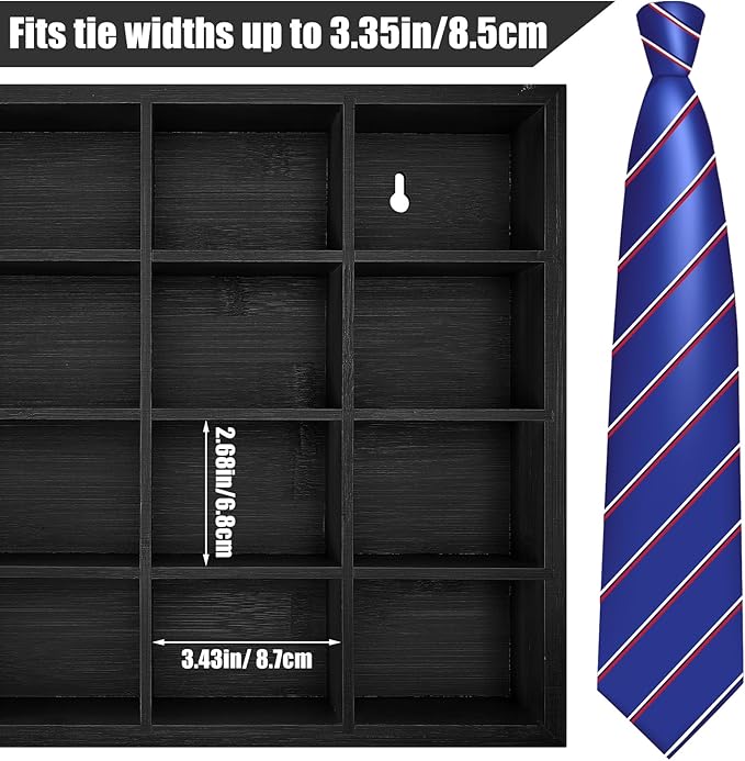 Wesiti Tie Box Organizer Wall Mounted Tie Rack with 16 Compartments Bamboo Belt Holder for Men Scarf Necktie Home Wall Closet(Black Color,1 Piece)