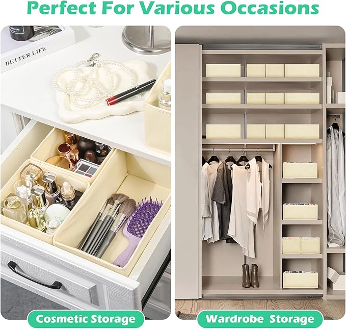 Drawer Clothing Organizer 16-Pack, Beige 3-Size Underwear Drawer Dividers, Fabric Folding Wardrobe Organizer for Baby Clothes, Bras, Underwear, Panties, Belts, Socks, Ties, etc.