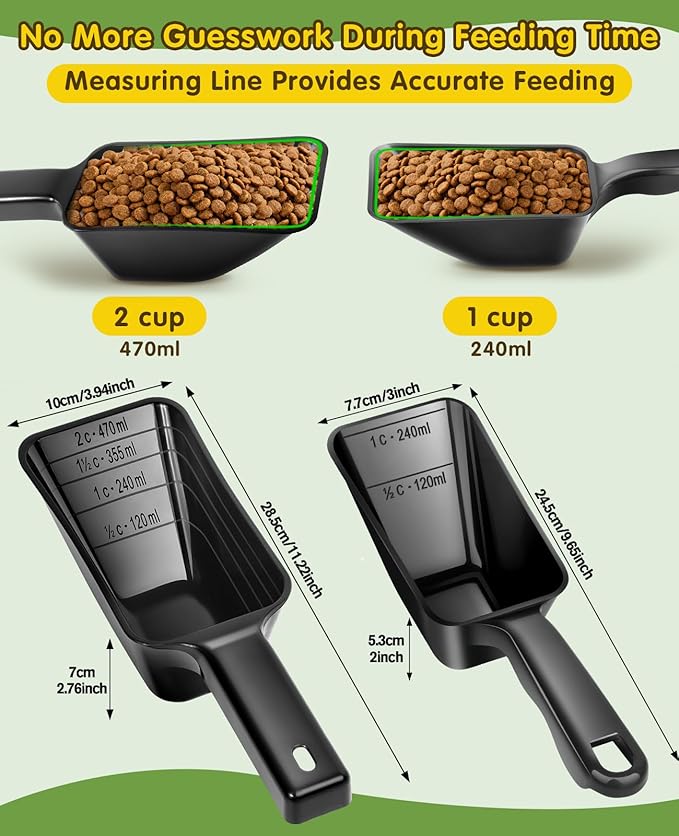 2 Pack Dog Food Scoop with 1 Cup and 2 Cup Capacity, Plastic Pet Food Measuring Scoops with Clear Measurement Lines for Dogs, Cats & More,Dishwasher safe (Black)