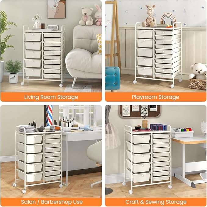 Giantex 15 Drawers Rolling Cart, Classroom Organizers, Storage Cart with Wheels, for Teacher Office Home School Supplies Tool Craft Art Paper