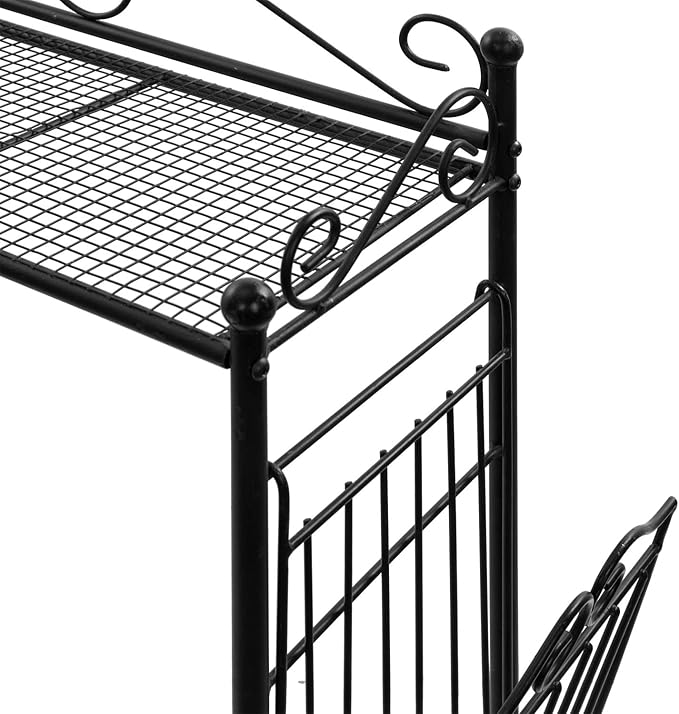 MyGift Over The Toilet Standing Shelf Storage with Magazine Basket, Freestanding Bathroom Space Saver Organizer Rack, Black Metal Vintage Scrollwork Accents