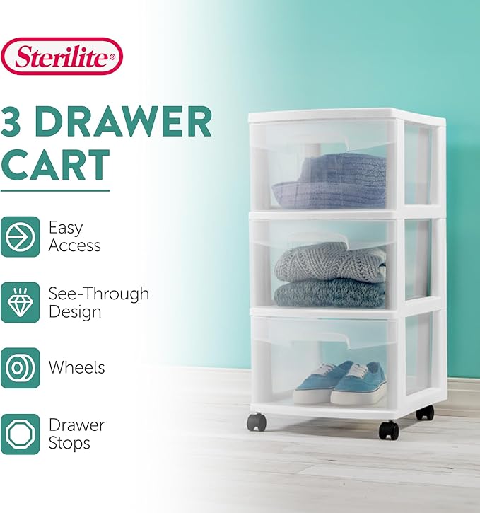 Sterilite 4 Pack Plastic Storage Organizer, 3 Drawer Rolling Bin Cart, Closet Organization, White