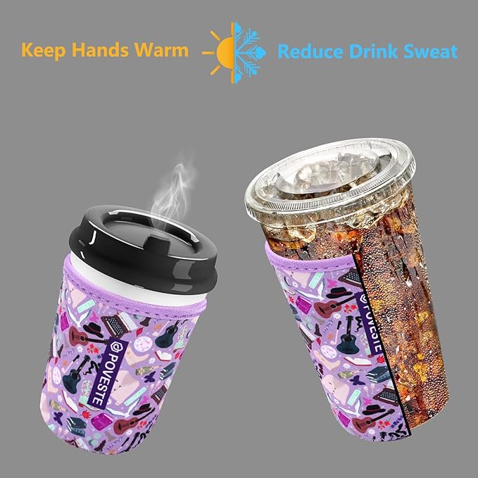Reusable Neoprene Insulator Sleeve for Iced Coffee & Cold Soda, Coffee Sleeves for Iced & Hot Drinks, Cold Beverage Cooler Compatible with Starbucks, Dunkin (On Tour Purple, Small: 16-18oz)