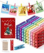 Mini Clothes Pins for Photo, Small Colored Clothespins 100 Pack Wooden Rainbow Colorful Picture Clips with 32 FT String for Crafts, Little Baby Shower, Display Artwork, Hanging Decorative Tiny Cards