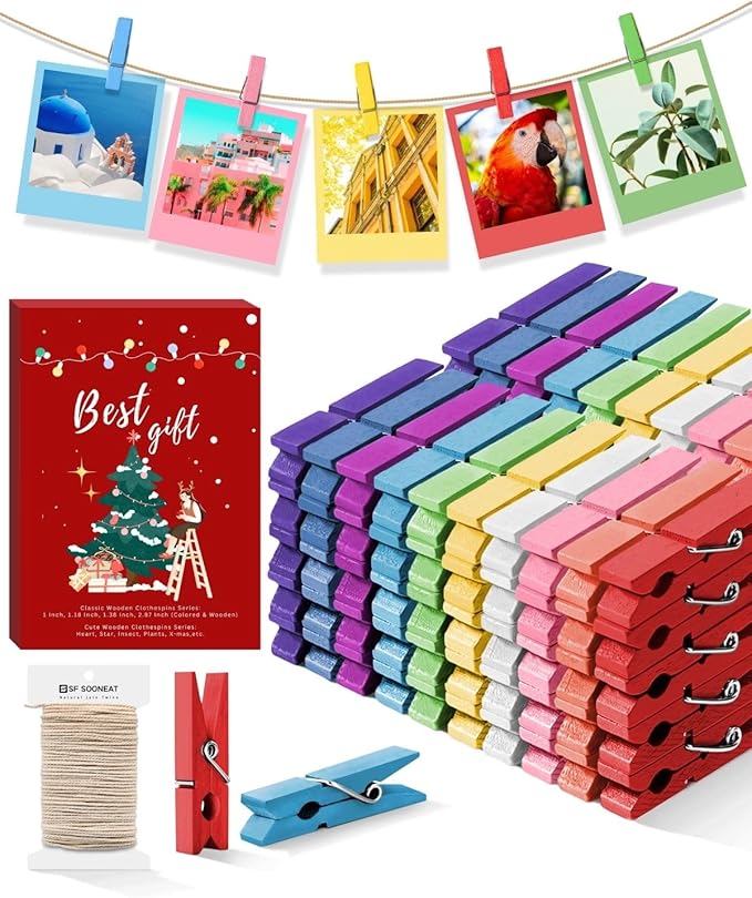Mini Clothes Pins for Photo, Small Colored Clothespins 100 Pack Wooden Rainbow Colorful Picture Clips with 32 FT String for Crafts, Little Baby Shower, Display Artwork, Hanging Decorative Tiny Cards