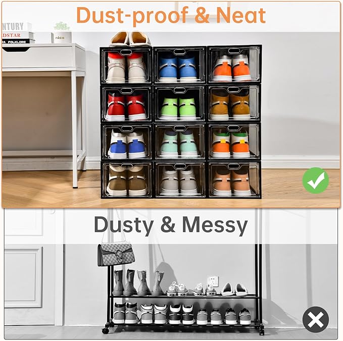 12 Pack Large Shoe Storage Box, Clear Shoe Storage Organizer with Magnetic Door, Stackable,Shoe Containers For Display Sneakers, Easy Assembly, Fit up to US Size 12, Transparent