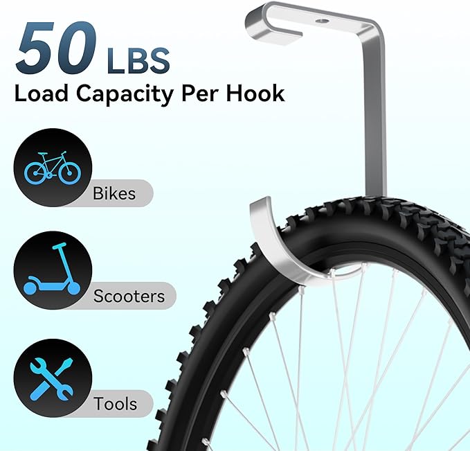 Bike Hooks for Garage Ceiling Storage Racks, 4 Pack Heavy-Duty Steel Thickened Flat Hooks, Supports Up to 50 lbs, Bike Hanger Add-On Overhead Garage Storage Rack & Wall Shelving, White