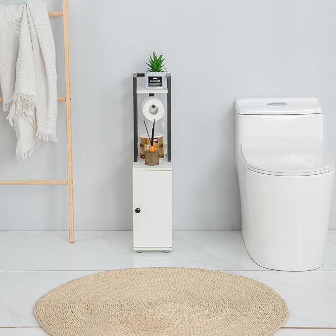 Small Bathroom Storage Cabinet, Narrow Side Bathroom Organizer w/Toilet Paper Roll Holder and Metal Frame, Slim Toilet Paper Storage Cabinet for Bathroom, White