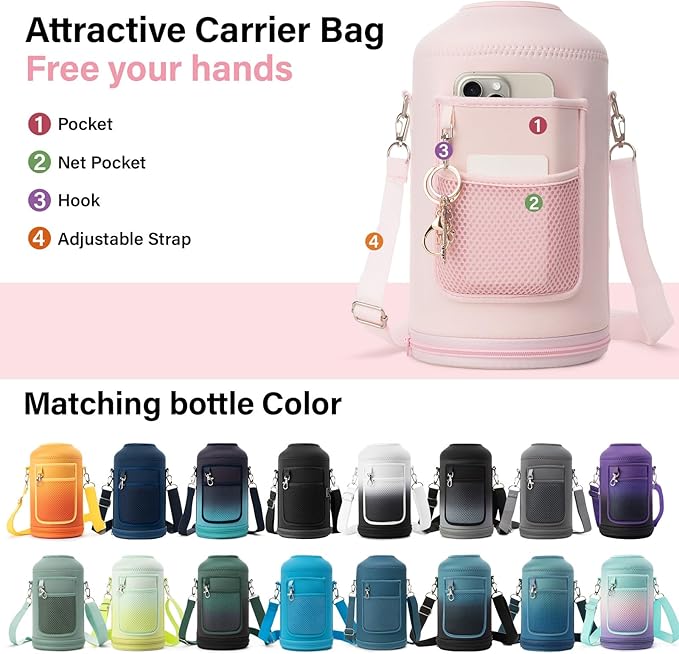 1 Gallon Water Bottle Insulated | Thickened Stainless Steel Vacuum Metal Water Jug | Portable Sports Large for Gym and Hiking with Straw, Carrier Bag, Handle Strap | BPA-Free 128 oz