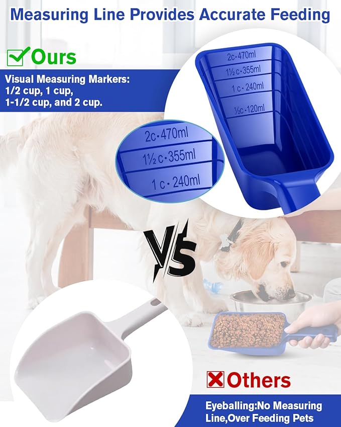 2 Cup Dog Food Scoop(2 Pack), Plastic Pet Food Scoop with Measuring Lines for Accurate Pet Food Portions,Dishwasher Safe (Blue)