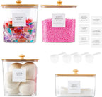Laundry Room Organization Container, 4pcs Acrylic Laundry Pod Storage Containers, Dryer Sheet Holder Jars with Bamboo Lids and Labels for Scent Booster Powder Detergent Pods Storage