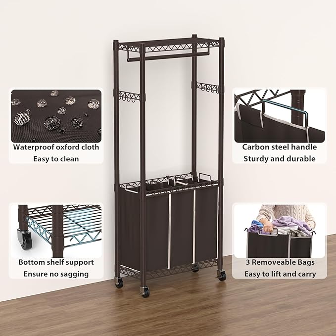 3-Section Laundry Sorter With Hanging Bar, Rolling Hamper Cart, Basket Organizer, Hanging Rack, Lockable Wheels and Removable Bags for Clothes Storage, Espresso