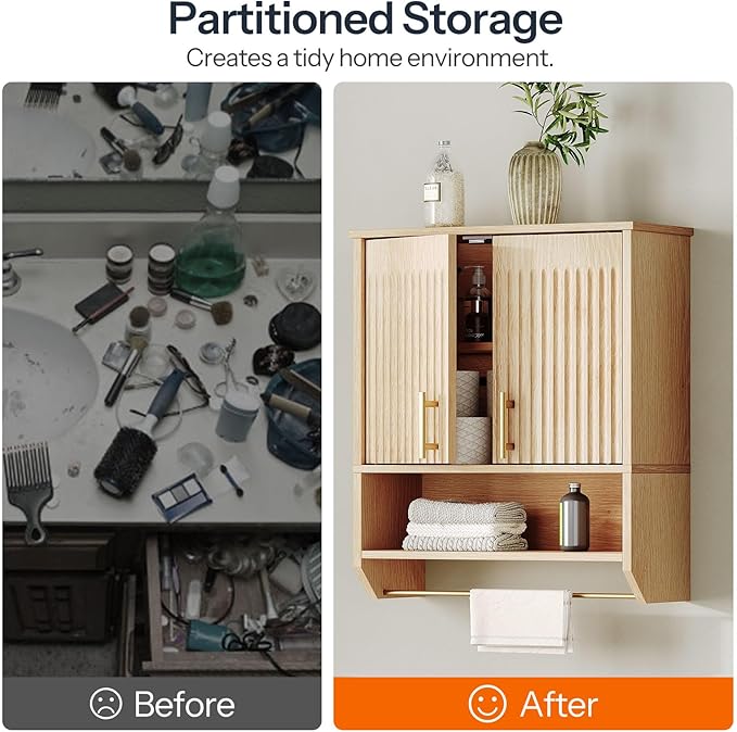 HOOBRO Fluted Bathroom Wall Cabinet, Farmhouse Medicine Cabinet with 2 Fluted Doors, Wall Storage Shelf with Towel Rack, Adjustable Shelf, for Small Spaces, Bathroom, Kitchen, Natural