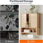 HOOBRO Fluted Bathroom Wall Cabinet, Farmhouse Medicine Cabinet with 2 Fluted Doors, Wall Storage Shelf with Towel Rack, Adjustable Shelf, for Small Spaces, Bathroom, Kitchen, Natural