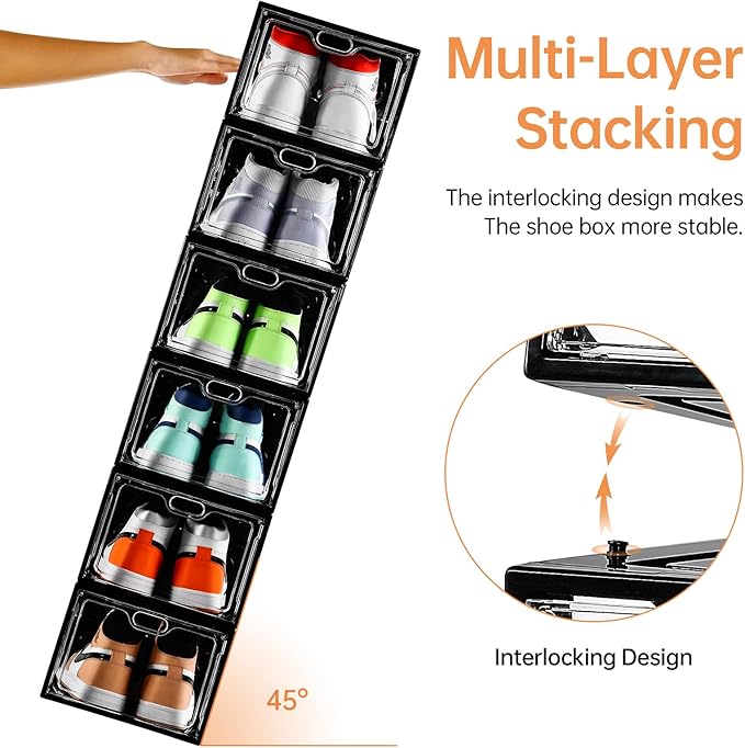 12 Pack Large Shoe Storage Box, Clear Shoe Storage Organizer with Magnetic Door, Stackable,Shoe Containers For Display Sneakers, Easy Assembly, Fit up to US Size 12, Transparent