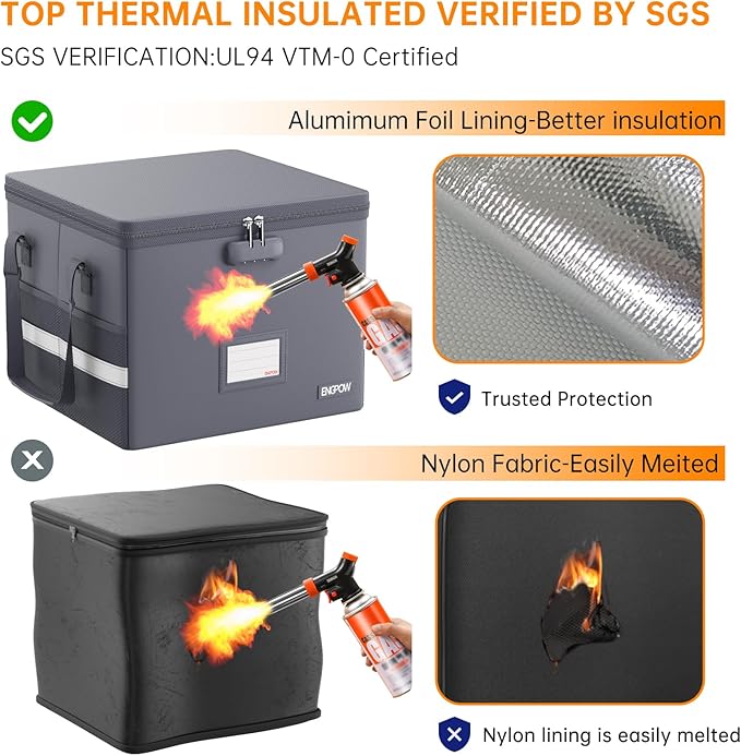 ENGPOW 5200°F File Box Fireproof Document Box with Lock,Heat Insulated Collapsible File Storage Organizer Box with Handle,Portable Home Office File Cabinet for Hanging Letter/Legal Size Folder, Gray