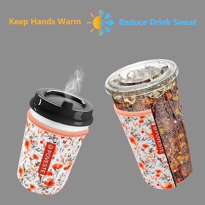 Reusable Neoprene Insulator Sleeve for Iced Coffee & Cold Soda, Coffee Sleeves for Iced & Hot Drinks, Cold Beverage Cooler Compatible with Starbucks, Dunkin (Flower Power, Medium: 22-24oz)