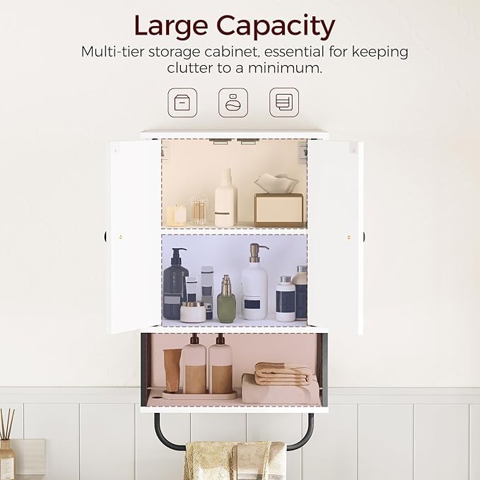 Bathroom Wall Cabinet with 2 Door and Adjustable Shelf, Farmhouse Medicine Cabinet with Towel Rack, 3-Tier Wall Mounted Storage Cabinet Over The Toilet for Bathroom Laundry Room, White