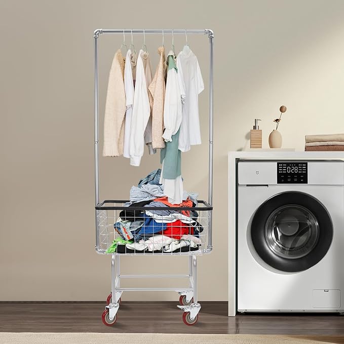Steel Wire Laundry Cart with Wheels, Heavy Duty Rolling Laundry Basket with Hanging Rack, Large Metal Storage Cart for Laundry, Clothes, Towels, Bathroom, Commercial Laundry Organizer (Style1)