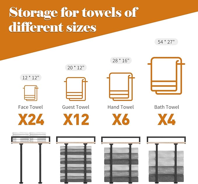 Towel Racks for Bathroom Wall Mounted, Metal Towel Holder with Wooden Shelf for Folding Large Towels, Towel Storage for Small Bathroom Organizer Decor or RV Camping