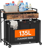 Lifewit Laundry Hamper 3 Section, Large Rolling Laundry Sorter with Shelf & 2 Drawers, Pull-Out Laundry Basket Organizer with Wheels and Removable Bag for Laundry Room Bathroom, Rustic Brown and Black