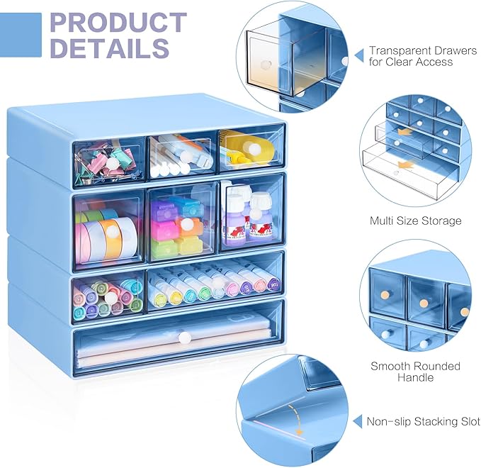 Desk Storage Organizer with 9 Drawers, 4 Tiers Stackable Desktop Craft Storage Drawers, Clear Storage Box Caddy for Stationary Makeup Jewelry Office Craft Supplies (Blue)
