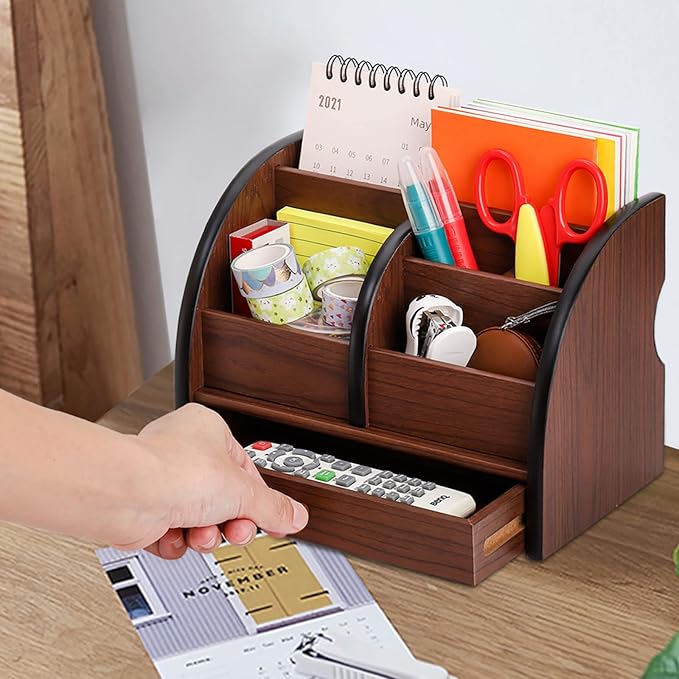 Foraineam Wooden Desk Organizer with Drawer, Remote Control Holder Caddy, Makeup Organizers, Wood Pencil Holder Desktop Supplies and Stationery Rack for Home Office School Tabletop Accessories Storage