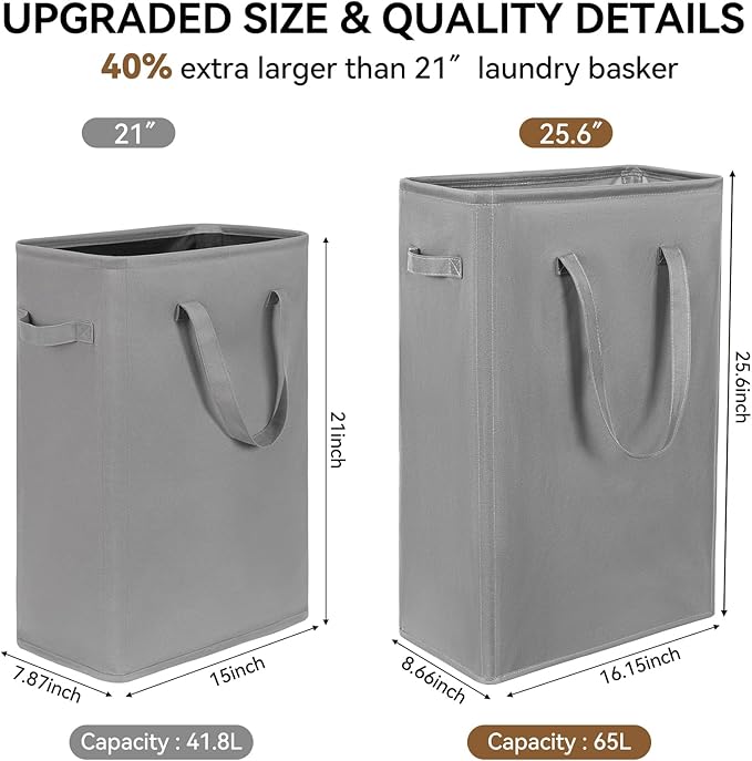Chrislley 25-Inches Slim Laundry Hamper 60L Narrow Laundry Basket with Handle Foldable Dirty Clothes Portable Skinny Hamper Organizer Storage Bins (Grey)