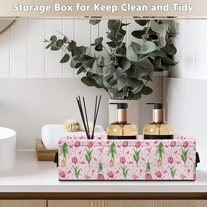 Storage Basket with Handles Collapsible Storage Bins Rectangular Fabric Organizer Box Multi-Use Shelf Baskets for Bedroom Bathroom Decor, Tulip Flower Pink Petal