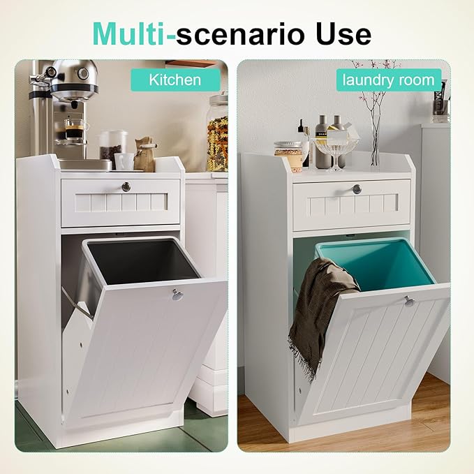 Single Tilt Out Trash Can Cabinet, Dog-Resistant, Fits 13.8"H Bins (Max 11.8"x11.8" Base), Easy Assembly, White for Kitchen & Laundry