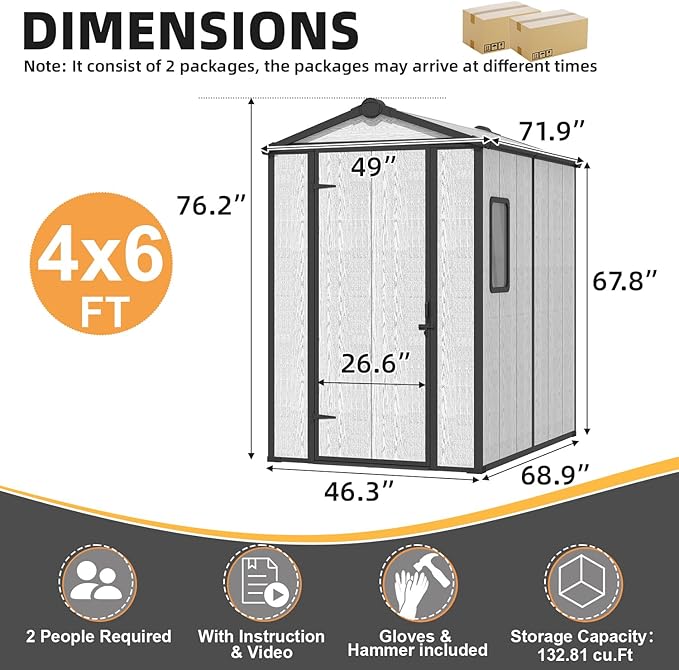 MELLCOM 4 x 6 FT Resin Outdoor Storage Shed with Floor, Plastic Outdoor Storage Tool Shed with Windows and Lockable Door, Garden Shed for Lawnmower, Bike, Pool Supply