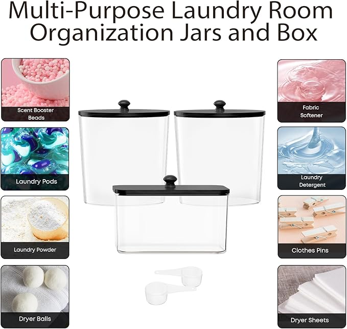 3 Pack Laundry Powder Container & Dryer Sheet Holder, Plastic Laundry Room Organization and Storage Jars with Lids, Labels & Scoops for Powder, Detergent, Scent Booster (Black Lid)
