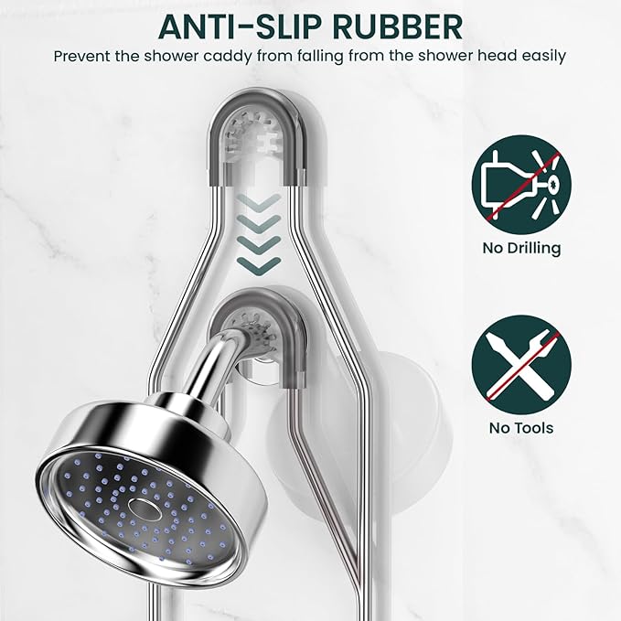 Shower Caddy Hanging Adjustable Shower Caddy, Rustproof Shower Organizer Extended Length Showers Caddy Over Shower Head with Hooks Soap Holder, Large Capacity Anti-Swing Bathroom Organizer, Silver