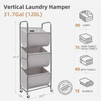 STORAGE MANIAC 120 Liters Vertical Rolling Laundry Hamper, 3 Section Laundry Sorter with Wheels and 2 Breaks, 3-tier Laundry Baskets for Small Space, Dorm, Laundry Room, Closet, Bathroom, Gray 3-tier