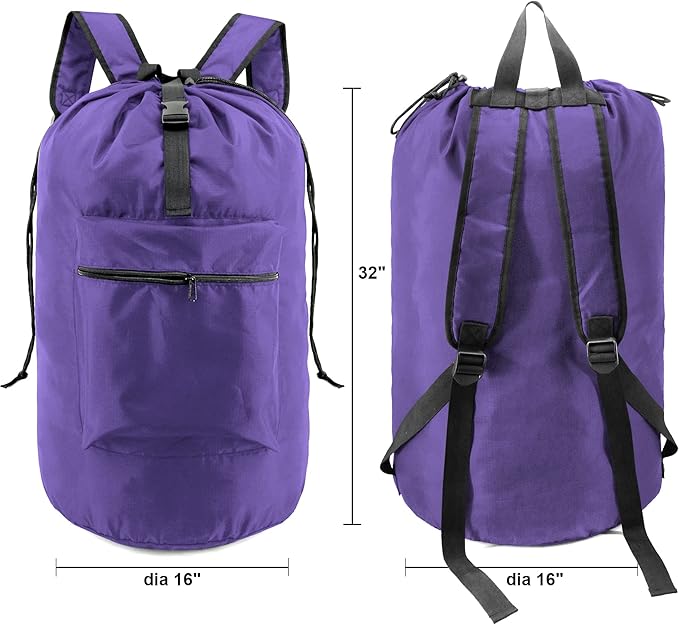 BeeGreen Laundry-Bag-Backpack-Heavy-Duty, Purple Nylon Drawstring Portable Laundry Foldable Extra Large Dirty Clothes Travel Bag with Handle College Dorm Apartment Essentials