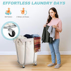 PLKOW Laundry Basket with Wheels 120L Heavy-Duty Laundry Cart with Removable Waterproof Bag, Metal Frame Clothes Basket with Lockable Casters for Home, Laundry Room, Hotel, Beige