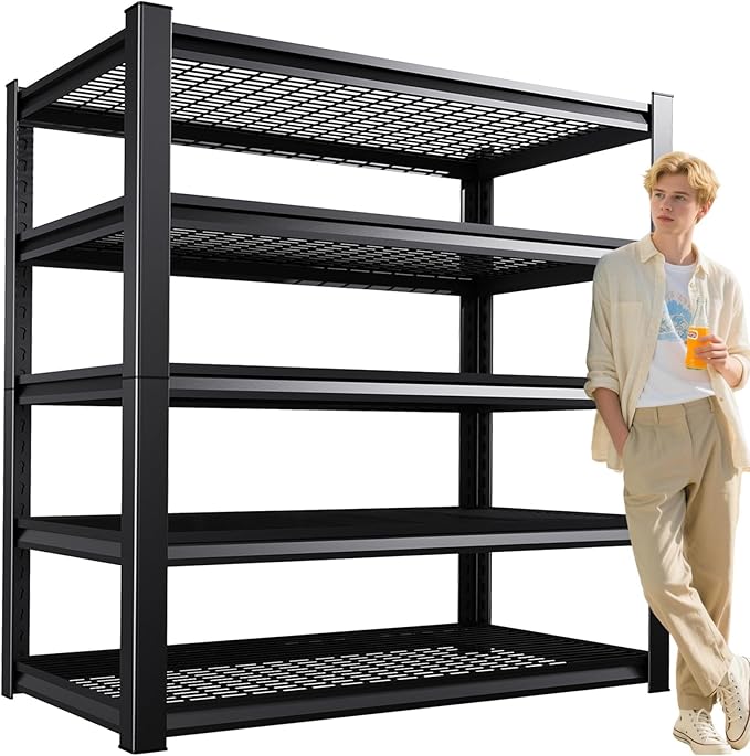 5-Tier Garage Shelving Heavy Duty, 3000LBS Garage Shelves, Adjustable Metal Shelving Unit, Easy Assembly Garage Storage Shelves, Utility Storage Rack Shelf, Black, 72" H×59" W×20" D