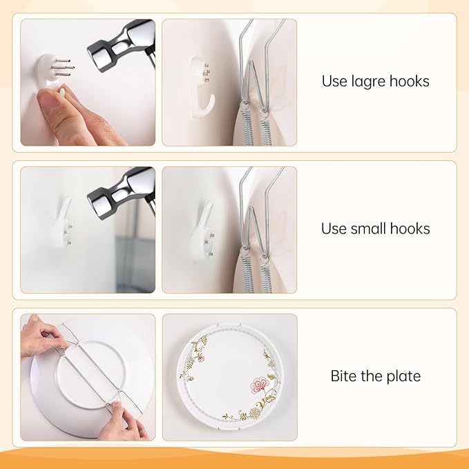 Bilillo 20 Pieces Stainless Steel Spring Plate Hangers for The Wall, 4/6/8/10 Inch Invisible Wire Holders with 20 Pcs Wall Hooks, Fit 4-11 Inch Decorative Plates, Platters & Dishes (Silver)