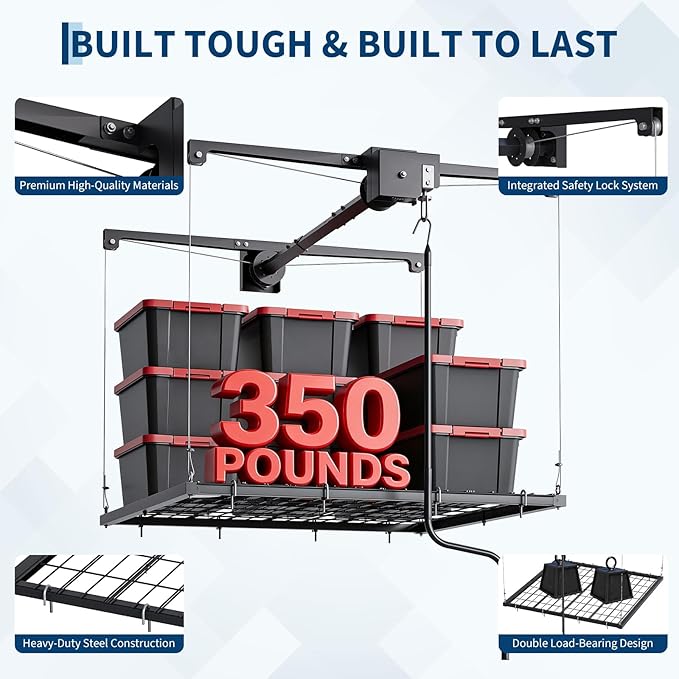 GarveeHome Adjustable 4x4 ft Ceiling Storage Rack, Heavy Duty Overhead Garage Rack with 300 Lb Capacity and Auto Safety Lock, Ideal for Attic and Basement Organizing