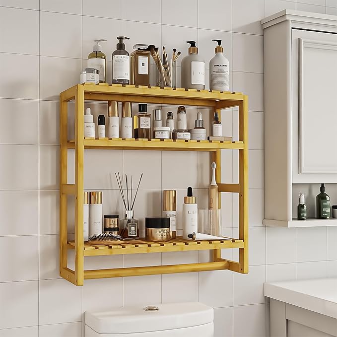 Over The Toilet Storage Bathroom Shelves Wall Mounted 3 Tier Space Saver Corner Shelf Organizer Bamboo Towel Rack Toilet Paper Cabinet with Hanging Rod Yellow