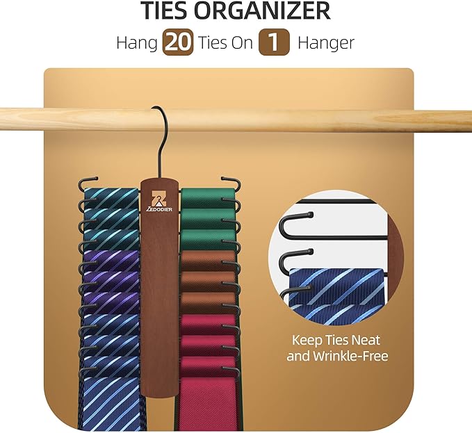 ZEDODIER 2 Packe Wooden Tie Rack, Tie Hanger for Men Closet, 40 Storage Capacity, Non-Slip Rotatable Tie Organizer, Hanging Space Saving Holder, Vintage