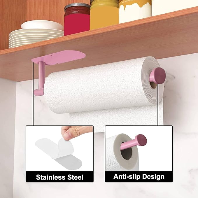 YeeBeny Pink Paper Towel Holder - Self Adhesive or Drilling, Under Cabinet or Wall Mounted