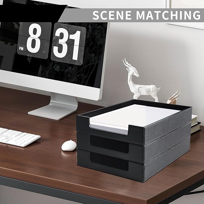PU Leather Letter Tray - Load Documents Trays Front for Office Desktop Organizer - Desk Magazine, File, A4 Paper Holder - Paper Document File Holder (Black, A4-Tray)