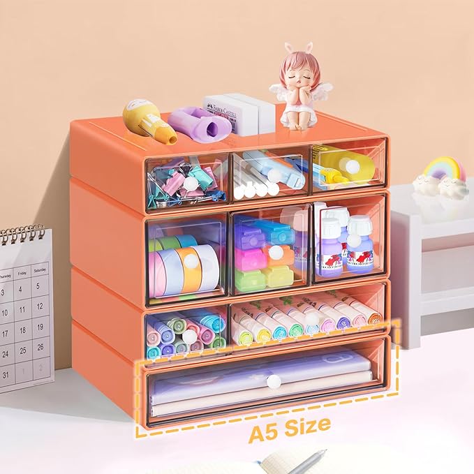 Desk Storage Organizer with 9 Drawers, 4 Tiers Stackable Desktop Craft Storage Drawers, Clear Storage Box Caddy for Stationary Makeup Jewelry Office Craft Supplies (Orange)