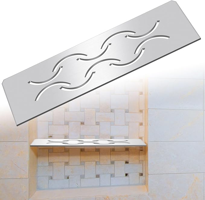 1 Pack Niche Rectangular Shelf for 12 Prefabricated Board Niche Fits 5/32 Grout Line, 4mm Thick, Bathroom Wave Design, Marine Grade Brushed 316 Stainless Steel