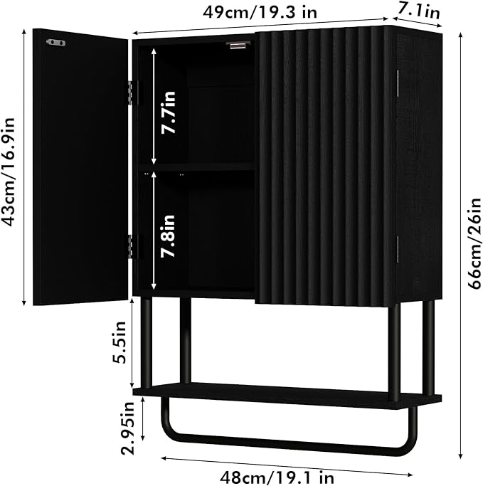 RUSTOWN Fluted Bathroom Wall Cabinet with 2 Doors, 3-Tier Modern Farmhouse Medicine Cabinet, Over The Toilet Storage Cabinet with Adjustable Shelf and Towel Bar (Black, Medium)