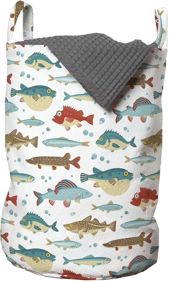 Ambesonne Fish Laundry Bag, Colorful Ocean Fish Cartoon Pufferfish Blowfish Exotic Japanese Cuisine Theme, Hamper Basket with Handles Drawstring Closure for Laundromats, 13" x 19", Aqua Brown